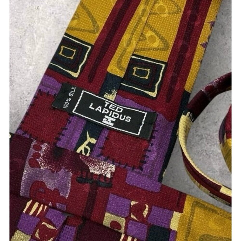 TED LAPIDUS Silk Tie USA Purple Burgundy Geometric W:3.8" EUC - Picture 2 of 6